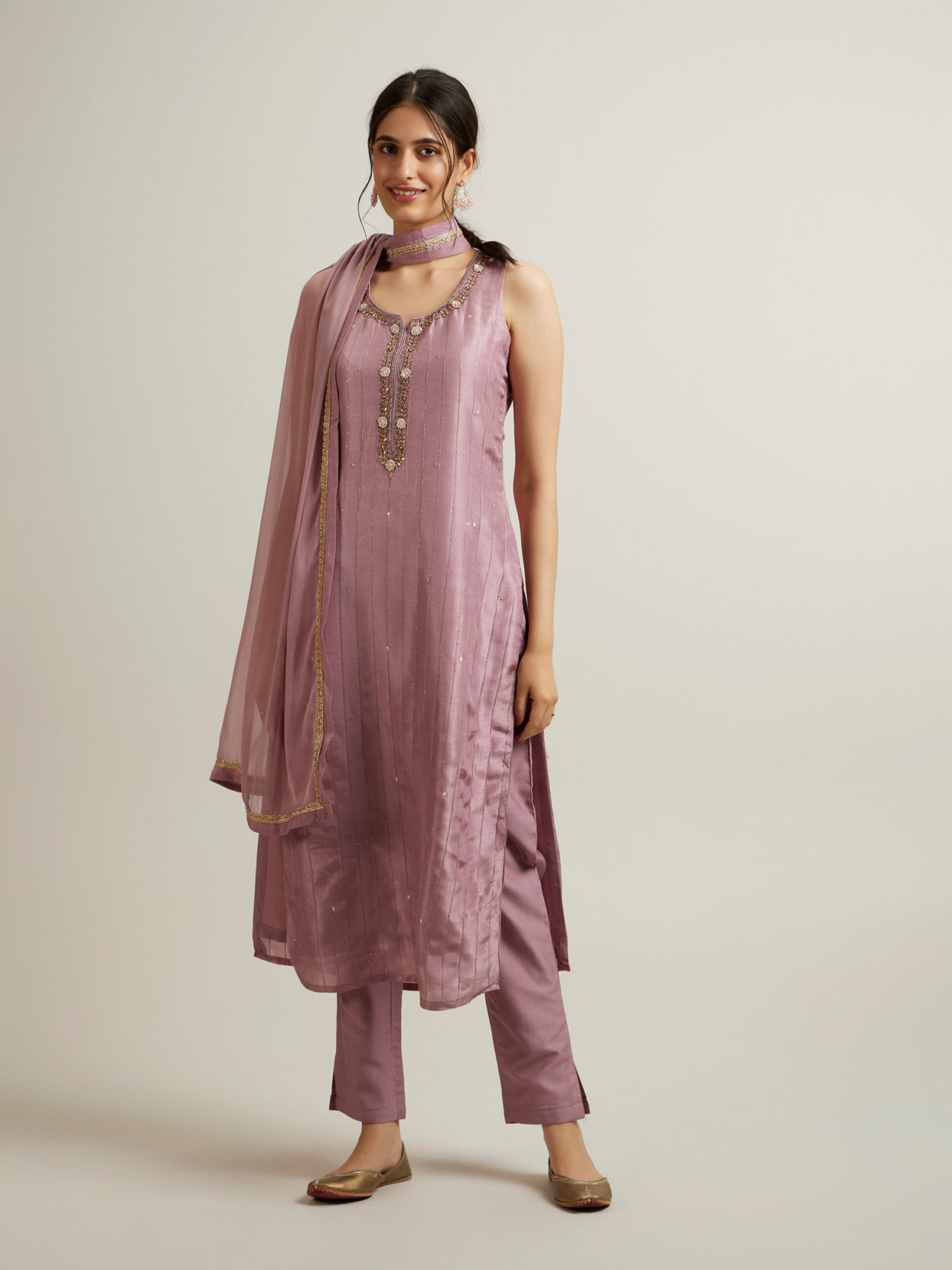 Mohey Women Purple Stripe Patterned Straight Suit with Stone Embellishments