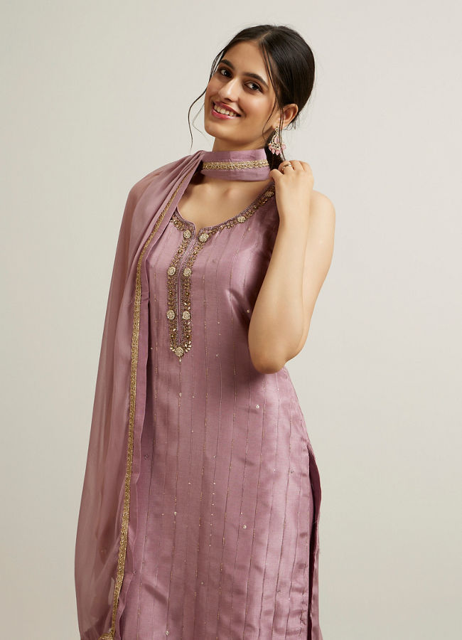 alt message - Mohey Women Purple Stripe Patterned Stitched Suit with Stone Embellishments image number 1