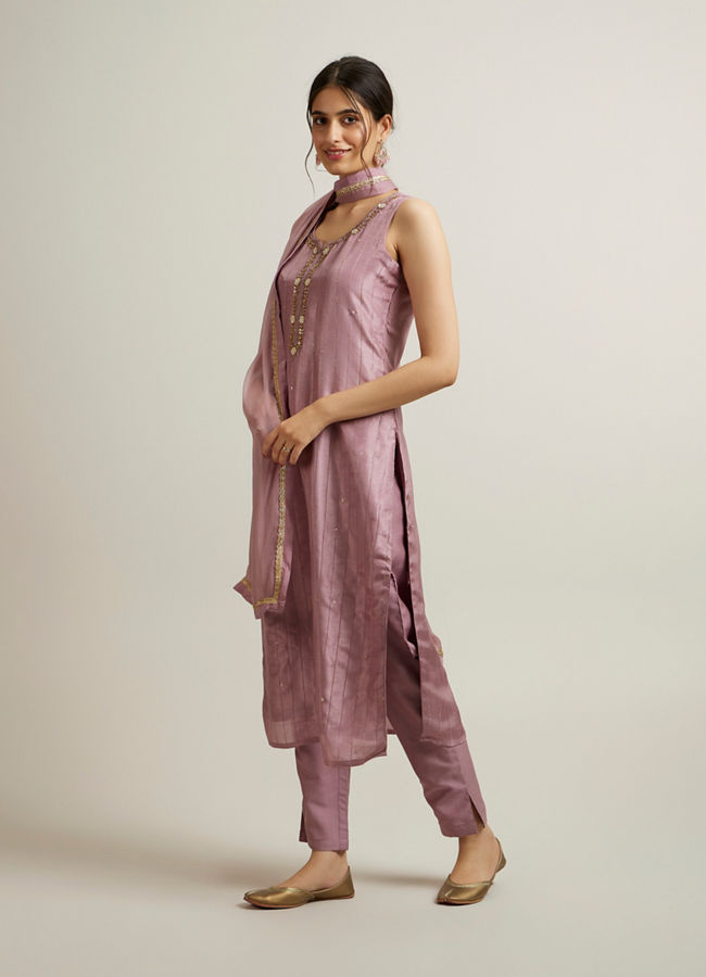 Mohey Women Purple Stripe Patterned Straight Suit with Stone Embellishments