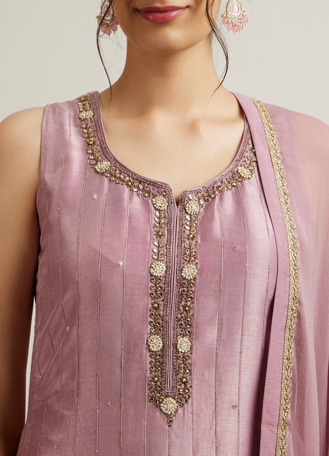 Mohey Women Purple Stripe Patterned Straight Suit with Stone Embellishments