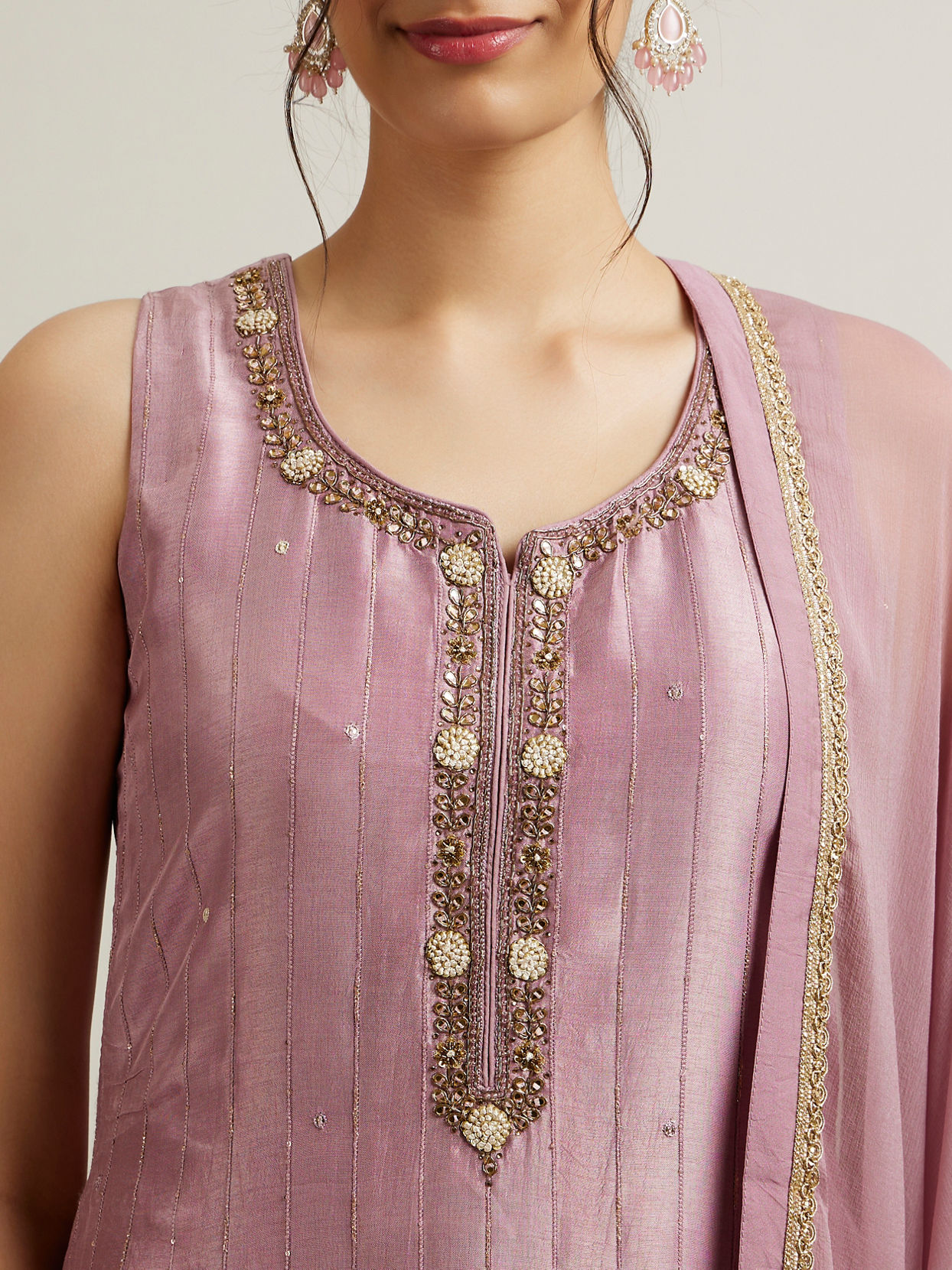 Mohey Women Purple Stripe Patterned Straight Suit with Stone Embellishments
