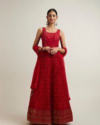 Mohey Women Bright Red Bandhani Patterned Sequinned Anarkali Suit