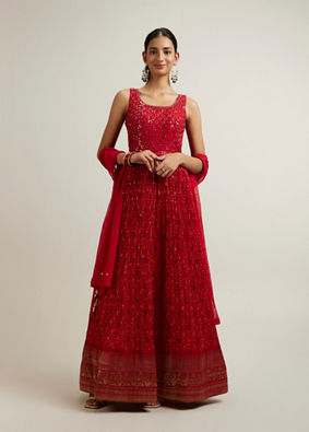 Mohey Women Bright Red Bandhani Patterned Sequinned Anarkali Suit