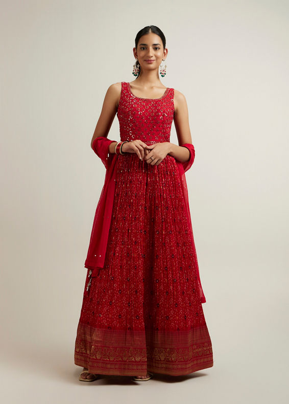 Mohey Women Bright Red Bandhani Patterned Sequinned Anarkali Suit