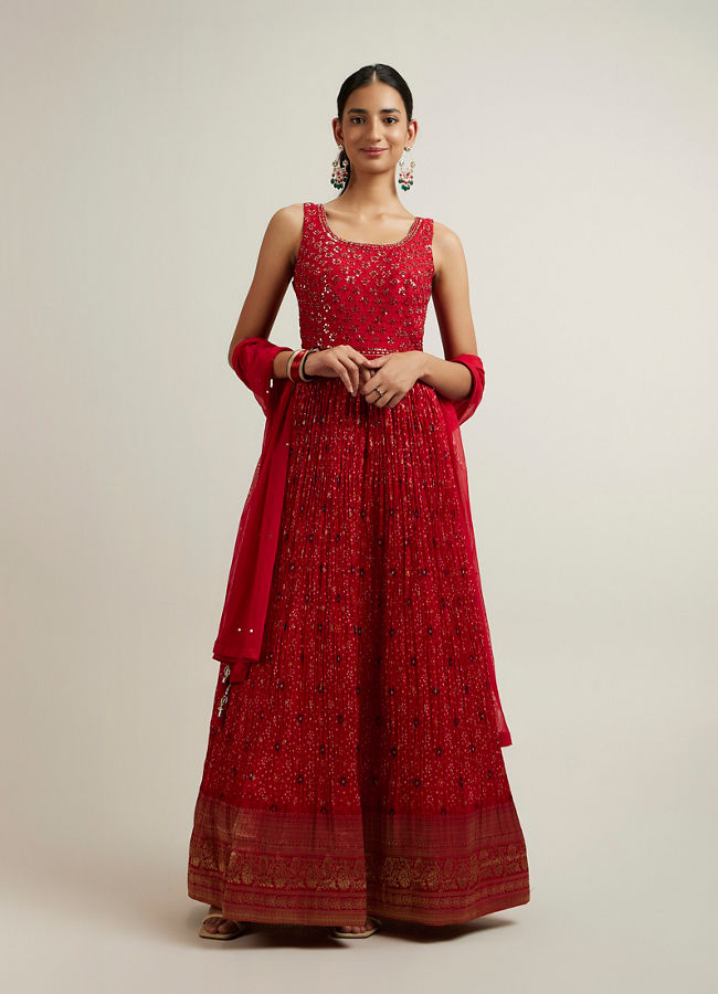 alt message - Mohey Women Bright Red Bandhani Patterned Sequinned Stitched Suit image number 0