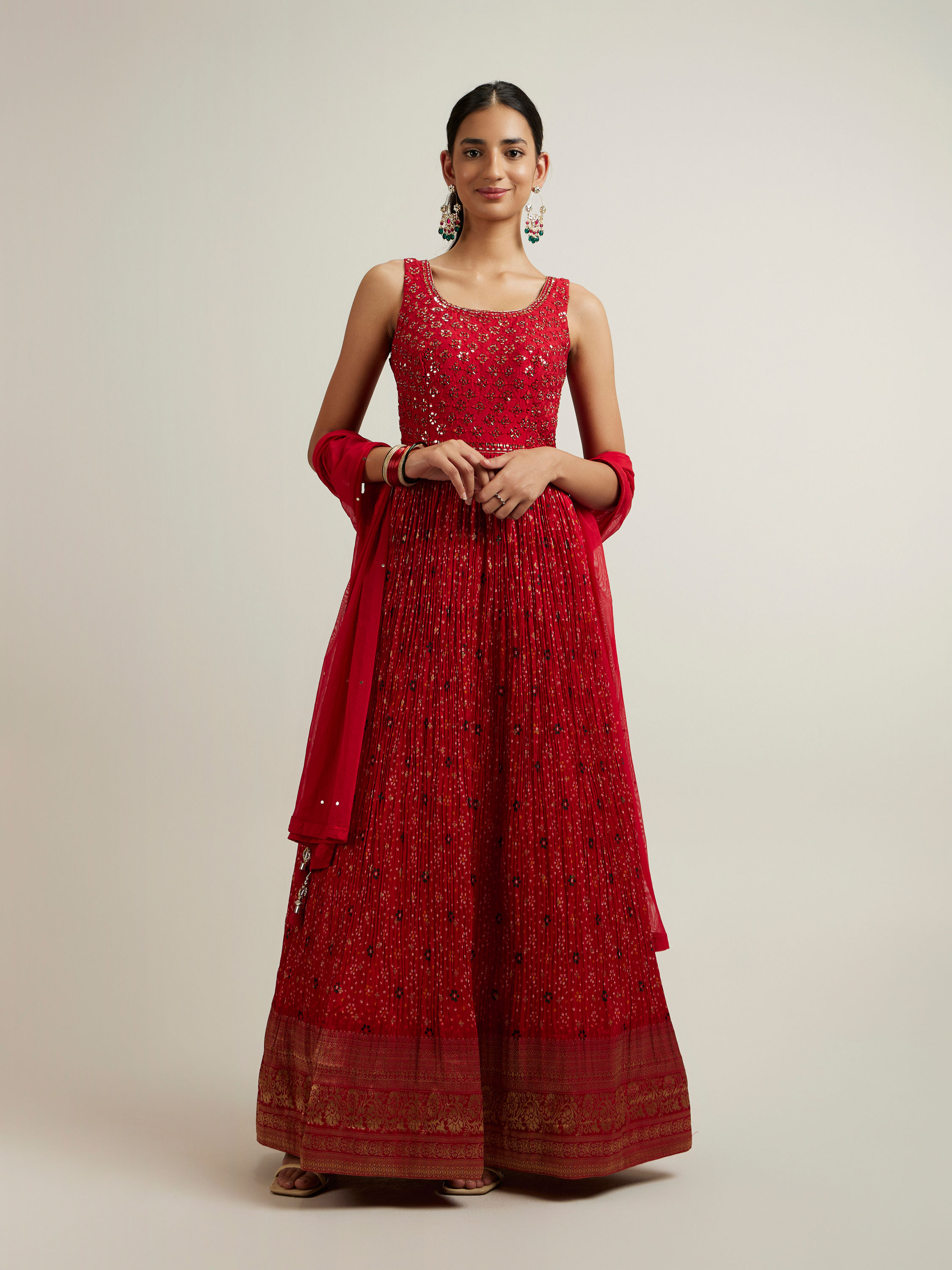 Mohey Women Bright Red Bandhani Patterned Sequinned Anarkali Suit
