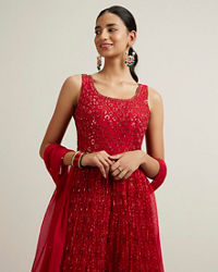 Mohey Women Bright Red Bandhani Patterned Sequinned Anarkali Suit