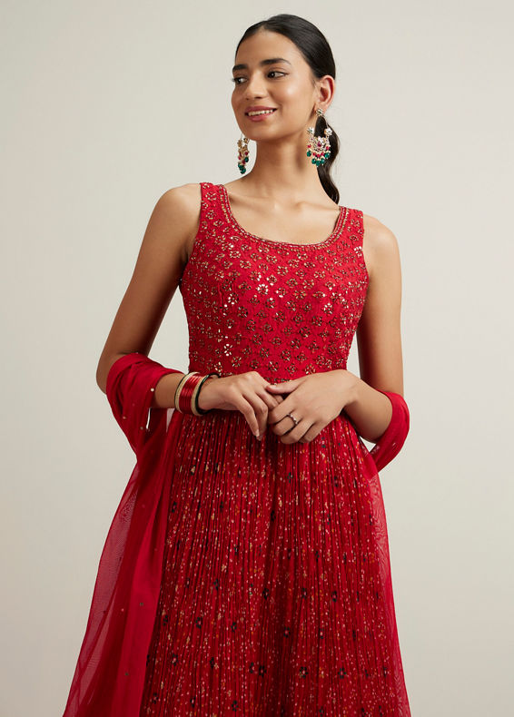 Mohey Women Bright Red Bandhani Patterned Sequinned Anarkali Suit