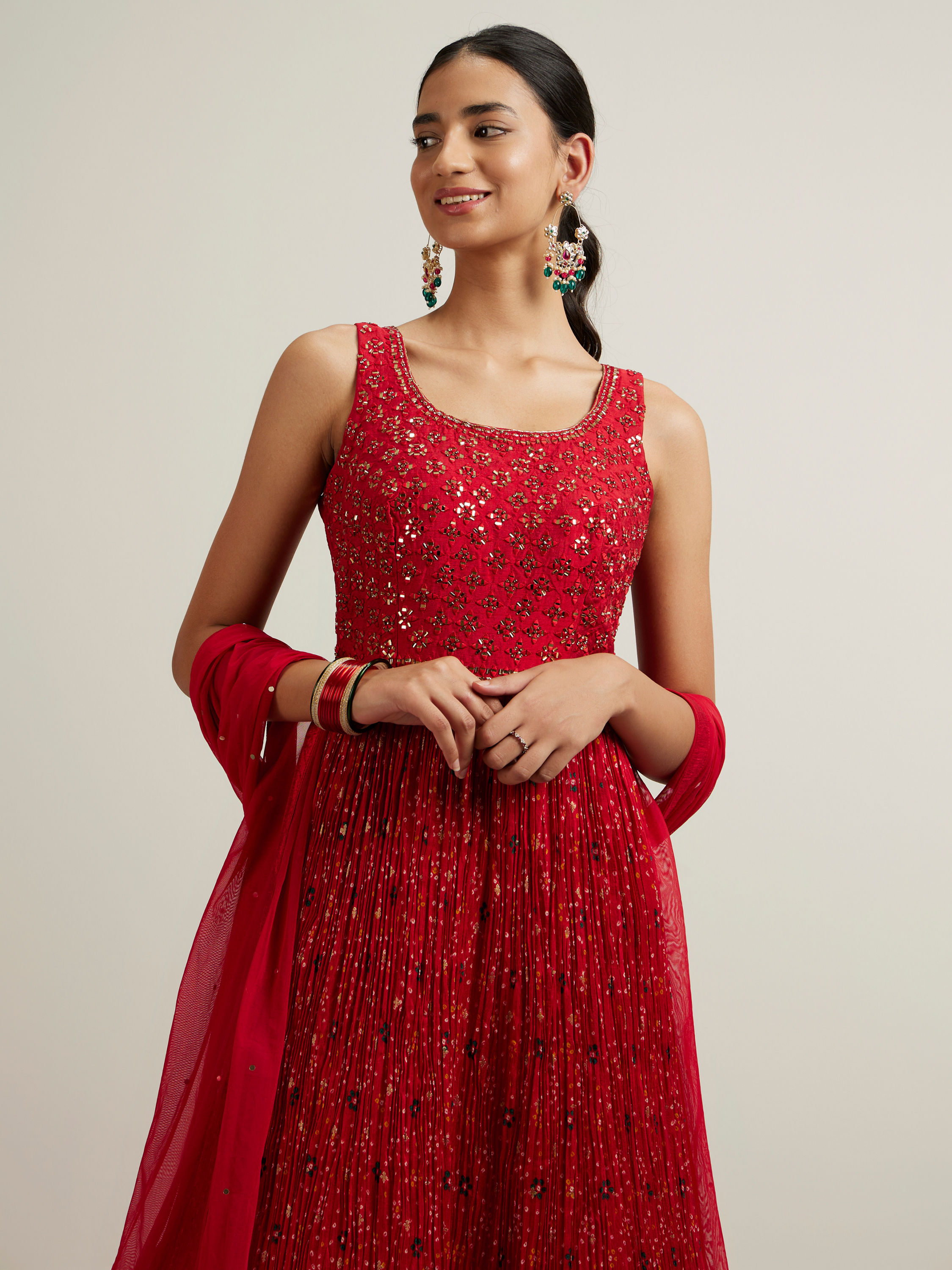 Mohey Women Bright Red Bandhani Patterned Sequinned Anarkali Suit