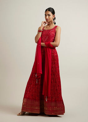 alt message - Mohey Women Bright Red Bandhani Patterned Sequinned Stitched Suit image number 2