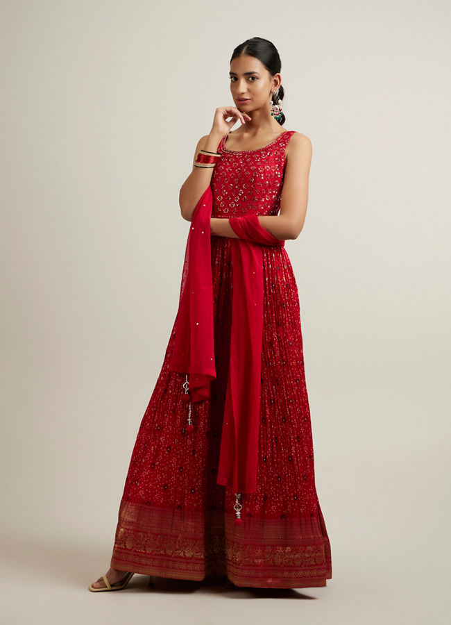 alt message - Mohey Women Bright Red Bandhani Patterned Sequinned Stitched Suit image number 2