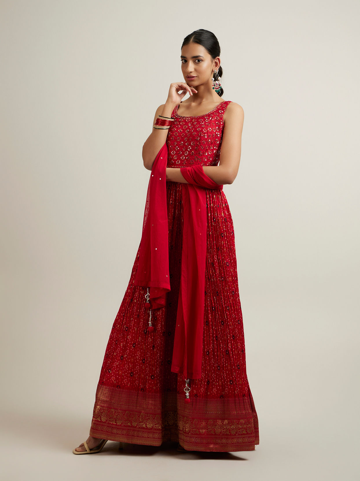 alt message - Mohey Women Bright Red Bandhani Patterned Sequinned Stitched Suit image number 2