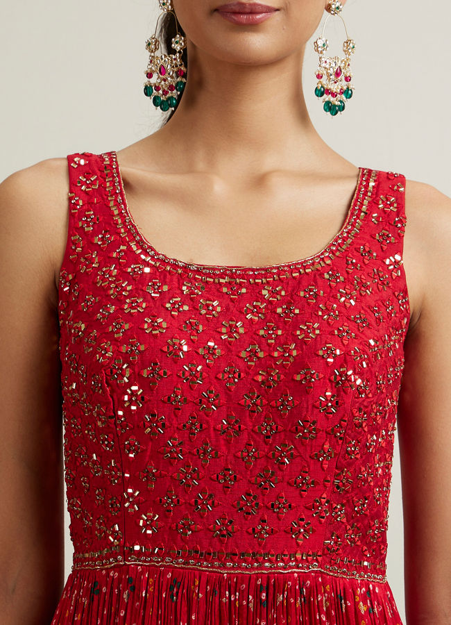 Mohey Women Bright Red Bandhani Patterned Sequinned Anarkali Suit
