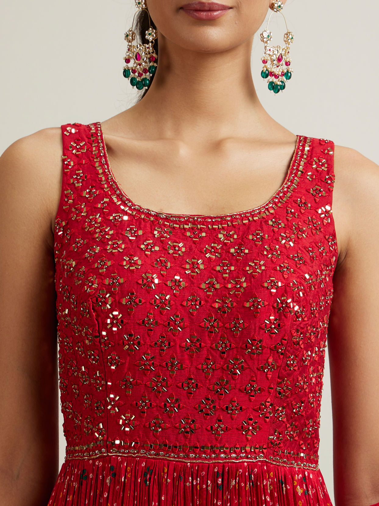Mohey Women Bright Red Bandhani Patterned Sequinned Anarkali Suit