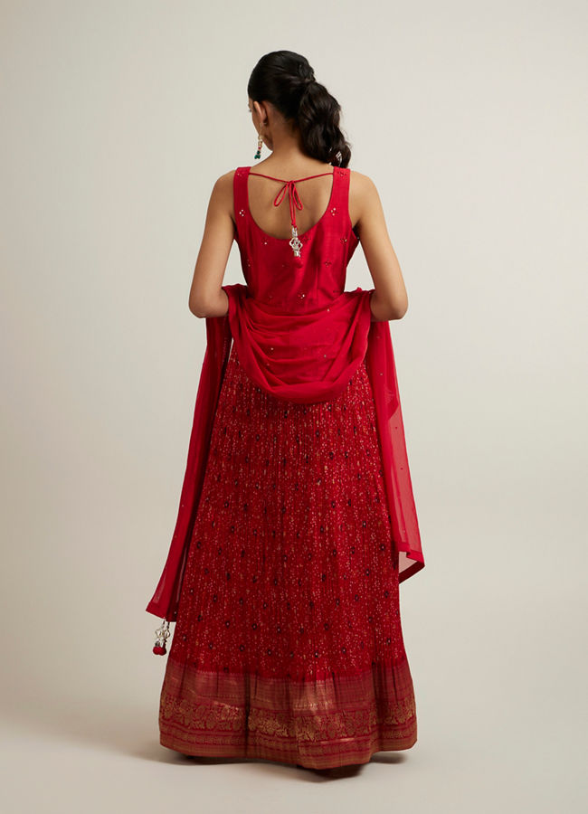 Mohey Women Bright Red Bandhani Patterned Sequinned Anarkali Suit