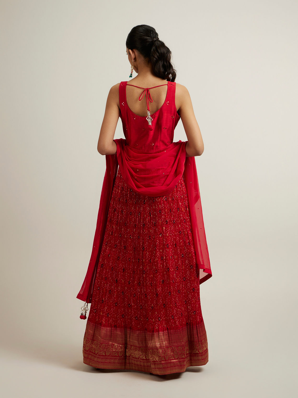Mohey Women Bright Red Bandhani Patterned Sequinned Anarkali Suit