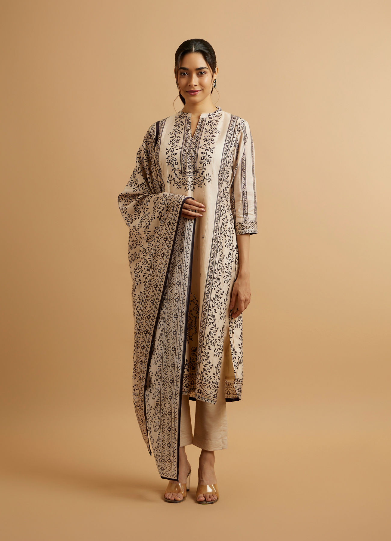 Mohey Women Fawn Bel Buti Patterned Stitched Suit