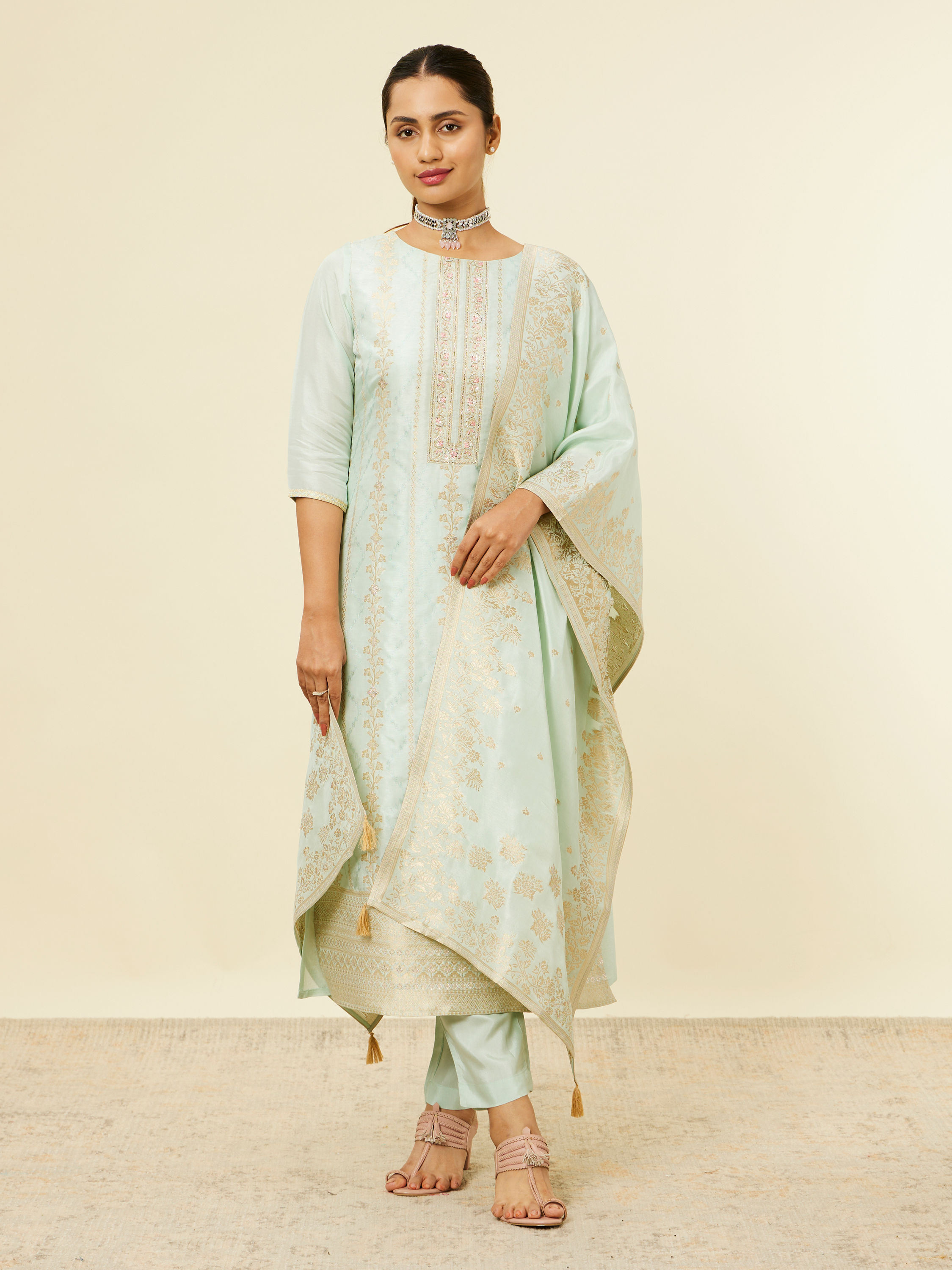 Mohey Women Light Blue Bel Buti Patterned Straight Suit