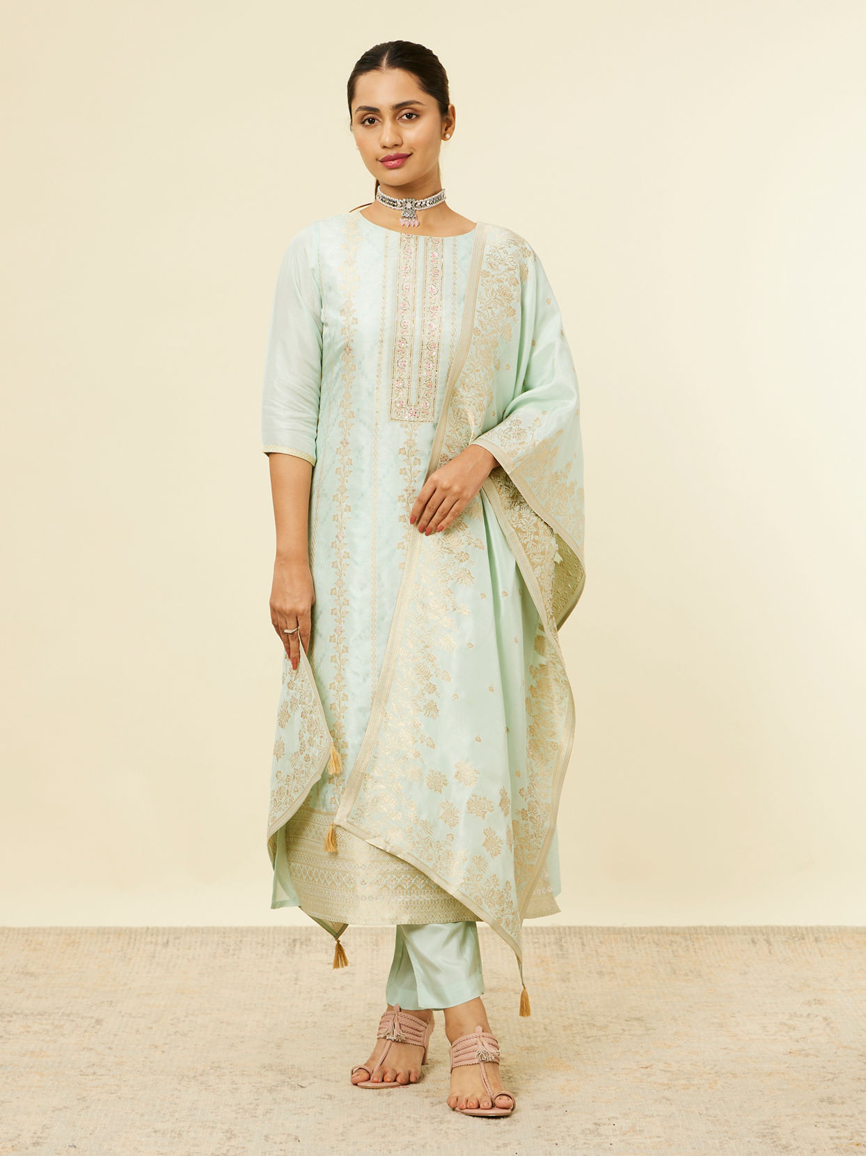 Mohey Women Light Blue Bel Buti Patterned Straight Suit