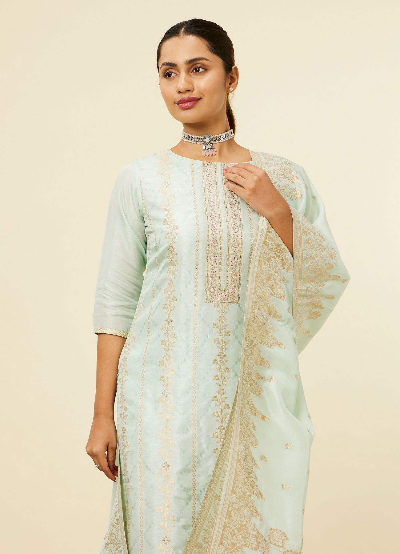 Mohey Women Light Blue Bel Buti Patterned Straight Suit