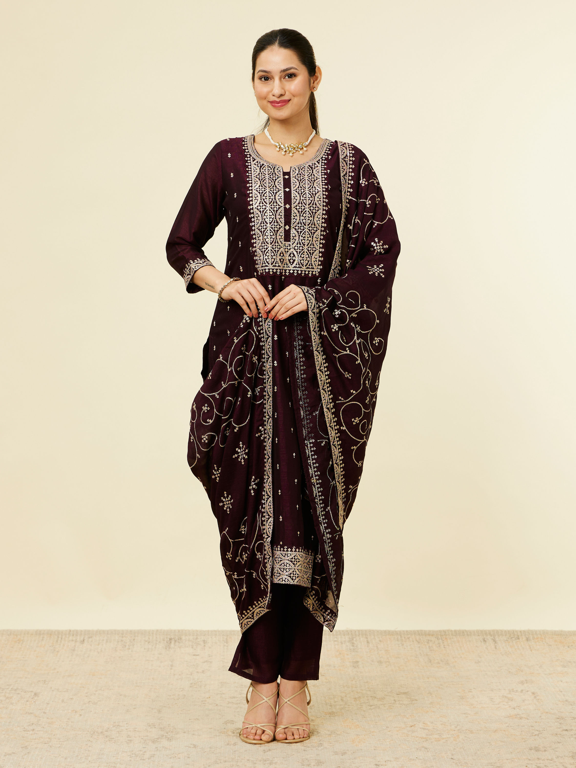 Mohey Women Jamun Wine Bel Buti Patterned Suit