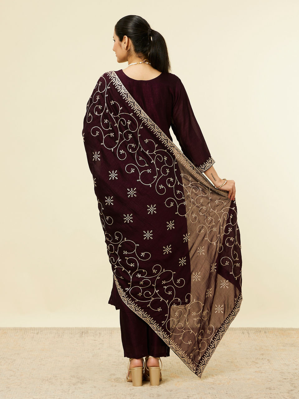 Mohey Women Jamun Wine Bel Buti Patterned Suit