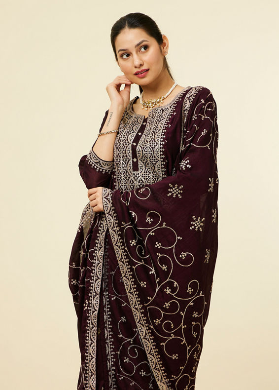 Mohey Women Jamun Wine Bel Buti Patterned Suit