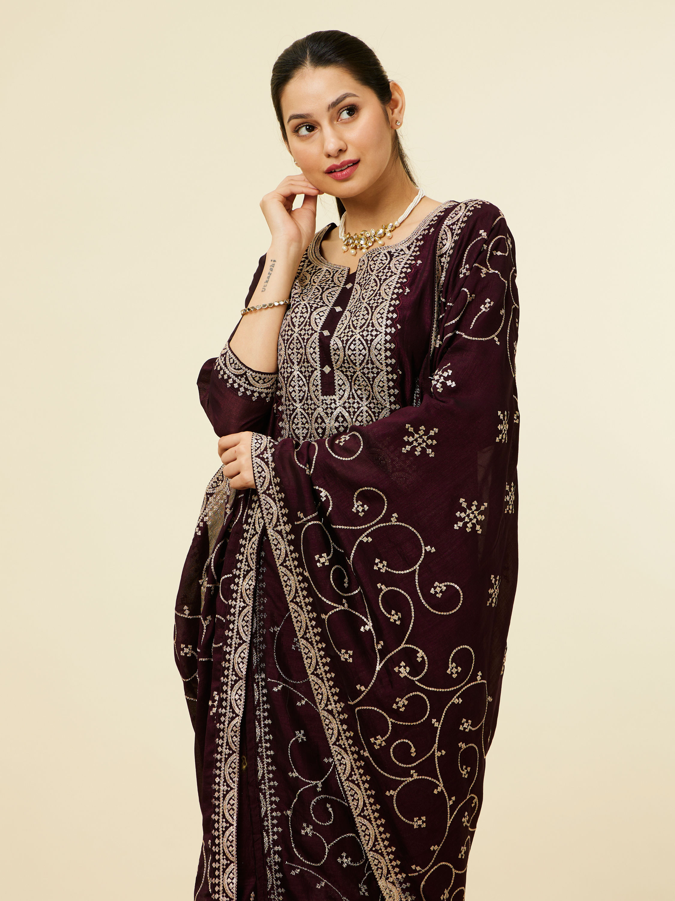 Mohey Women Jamun Wine Bel Buti Patterned Suit