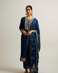 Mohey Women Teal Blue Buta Patterned Straight Suit