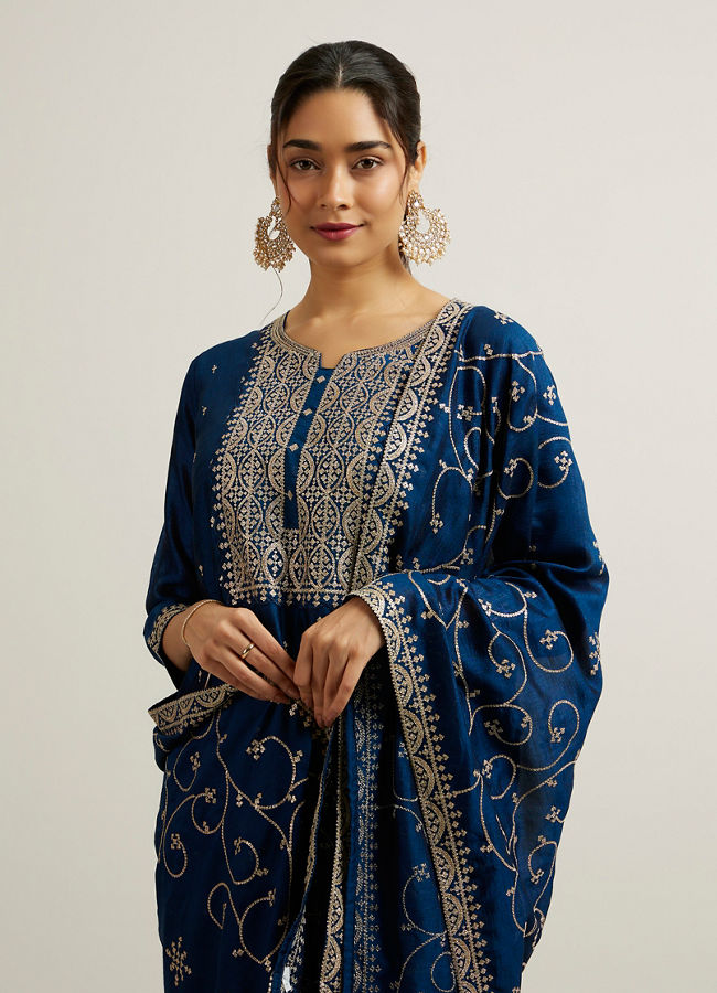 Mohey Women Teal Blue Buta Patterned Straight Suit