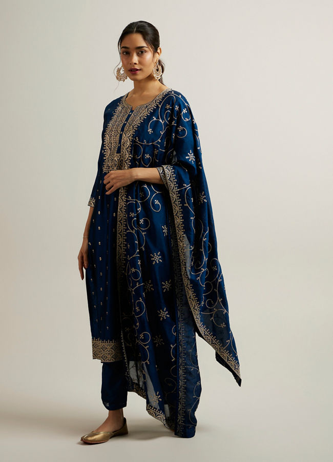 Mohey Women Teal Blue Buta Patterned Straight Suit