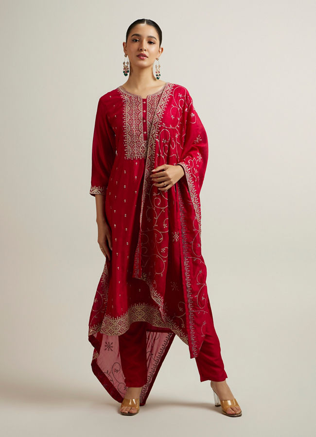 alt message - Mohey Women Royal Maroon Buta Patterned Stitched Suit image number 0