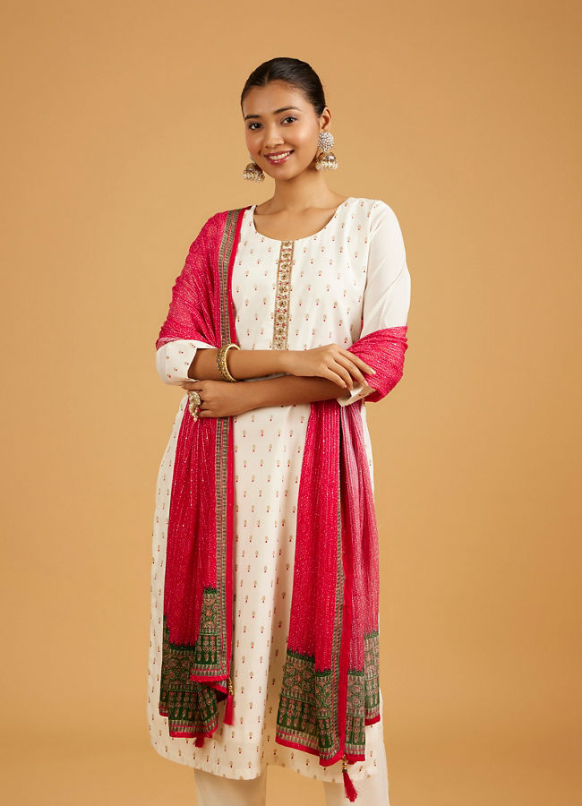 Mohey Women Cream Beige Buta Jaal Patterned Straight Suit