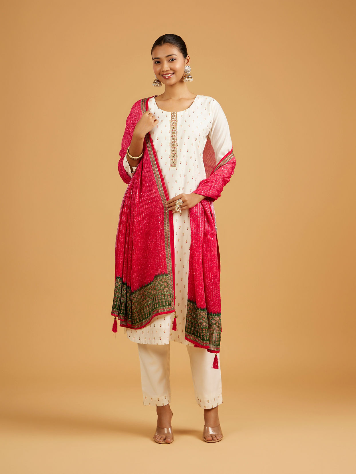 Mohey Women Cream Beige Buta Jaal Patterned Straight Suit