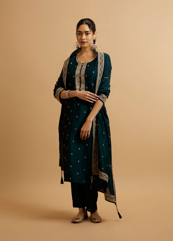 Mohey Women Teal Green Buta Embroidered Straight Suit
