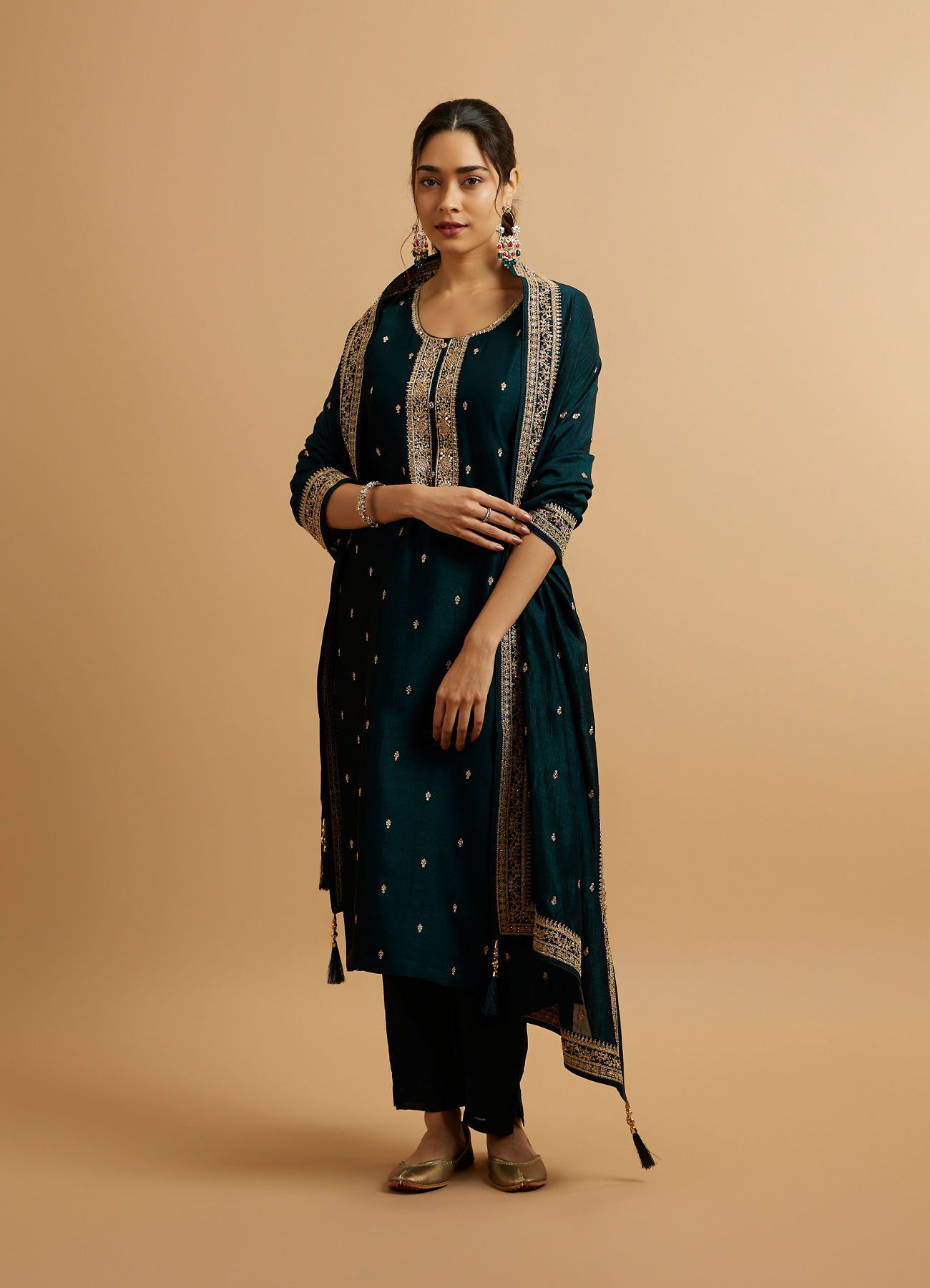 Mohey Women Teal Green Buta Embroidered Straight Suit