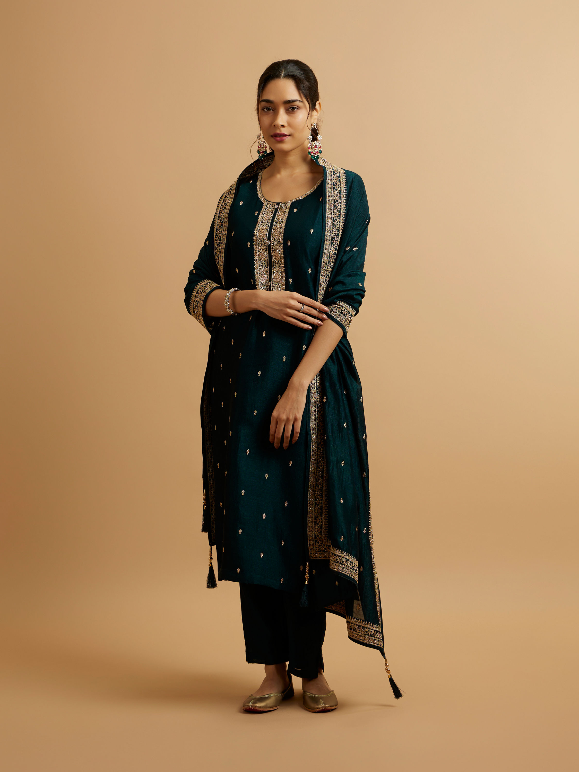 Mohey Women Teal Green Buta Embroidered Straight Suit