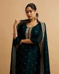 Mohey Women Teal Green Buta Embroidered Straight Suit
