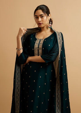 Mohey Women Teal Green Buta Embroidered Straight Suit