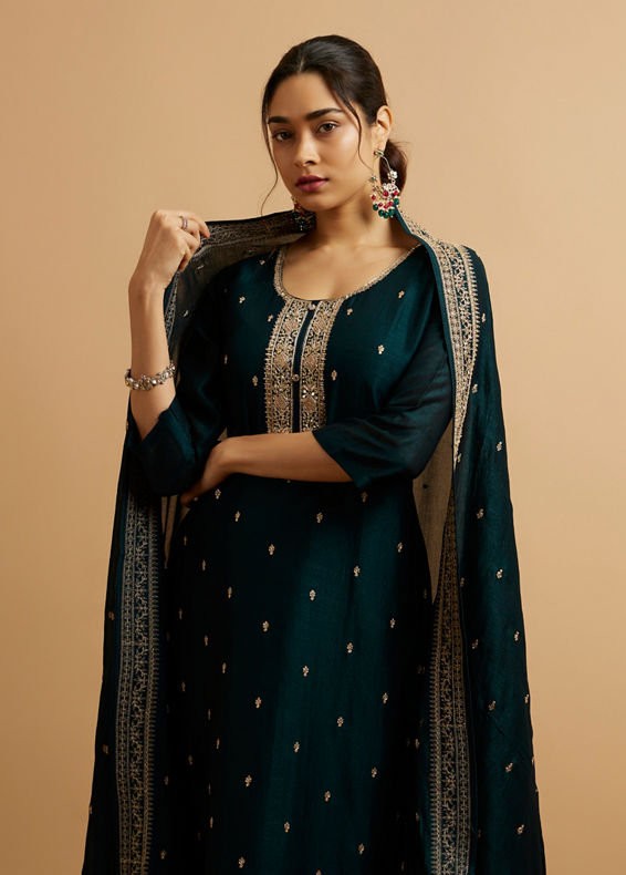 Mohey Women Teal Green Buta Embroidered Straight Suit
