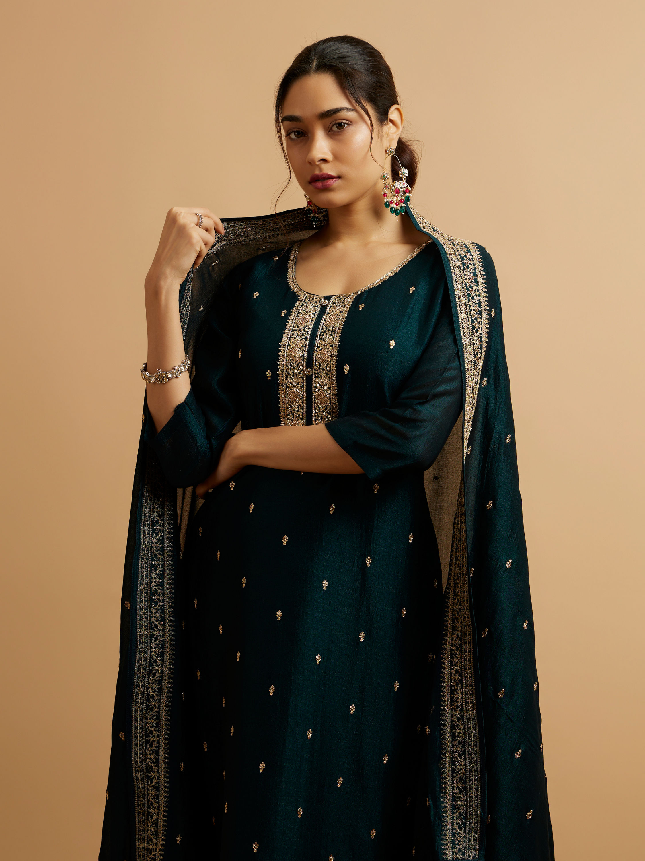 Mohey Women Teal Green Buta Embroidered Straight Suit