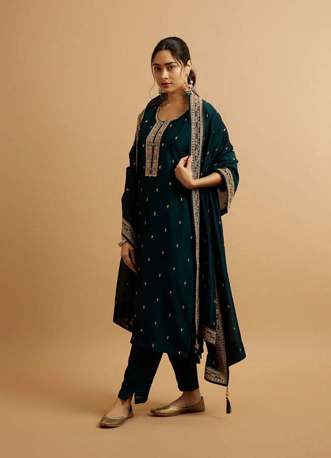 Mohey Women Teal Green Buta Embroidered Straight Suit