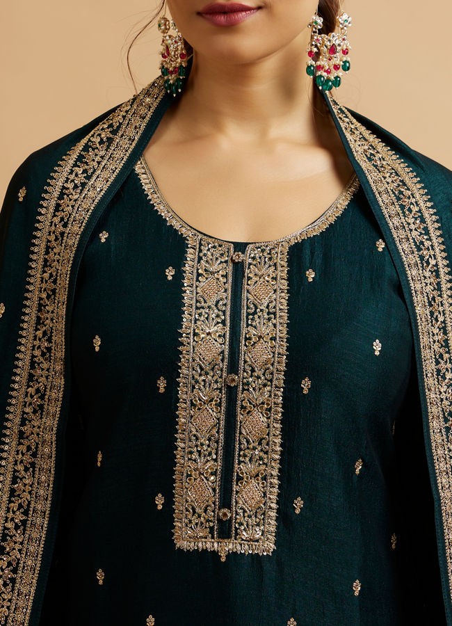 Mohey Women Teal Green Buta Embroidered Straight Suit