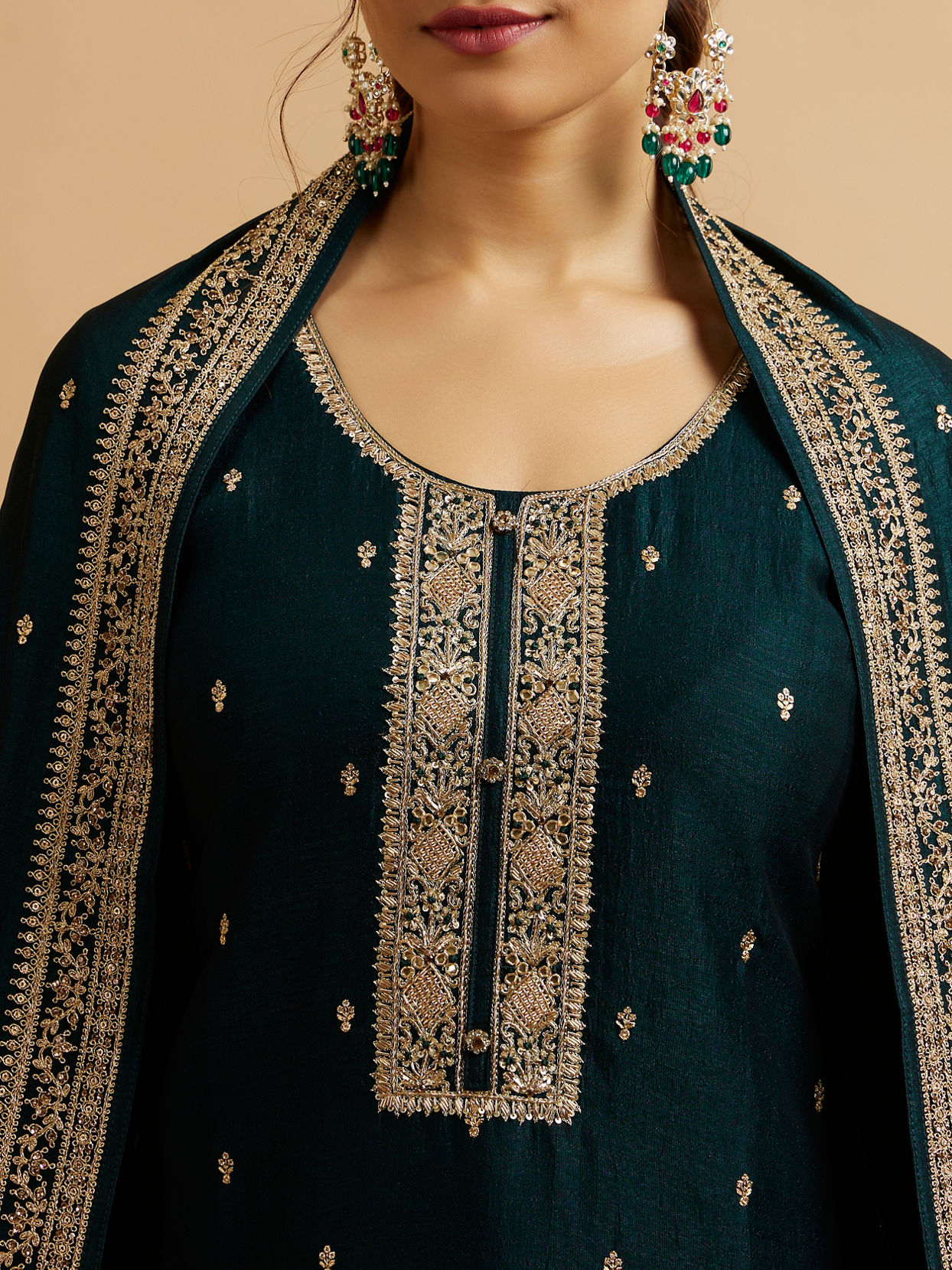 Mohey Women Teal Green Buta Embroidered Straight Suit