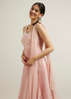Mohey Women Light Pink Floral Abstract Printed Anarkali Suit