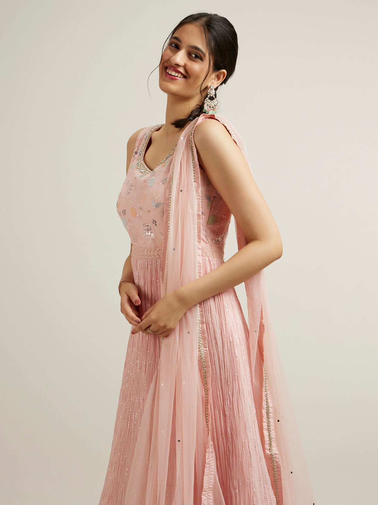 Mohey Women Light Pink Floral Abstract Printed Anarkali Suit