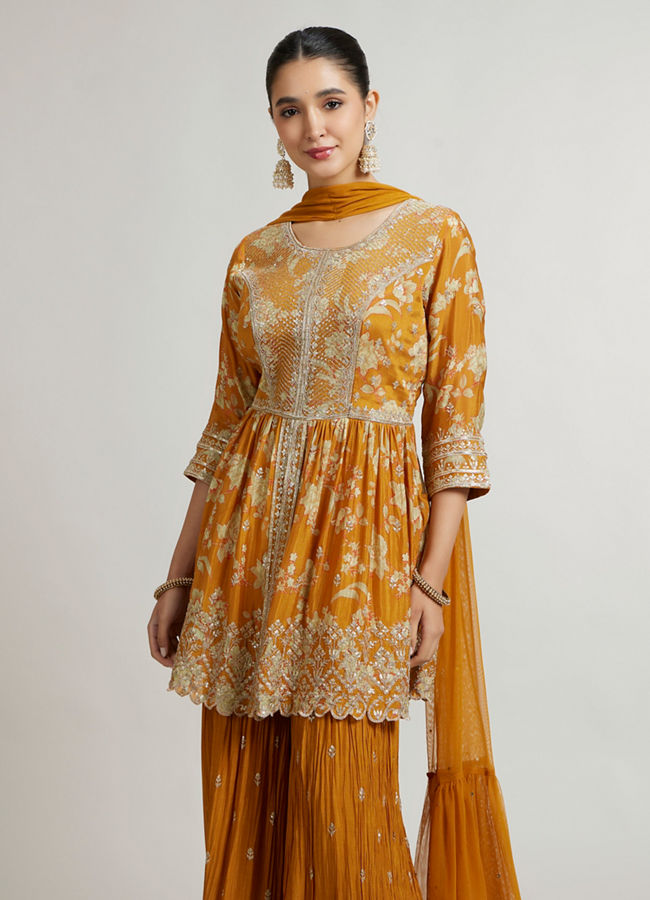 Mohey Women Mustard Chinon Palazzo Suit Ensemble Sharara Suit