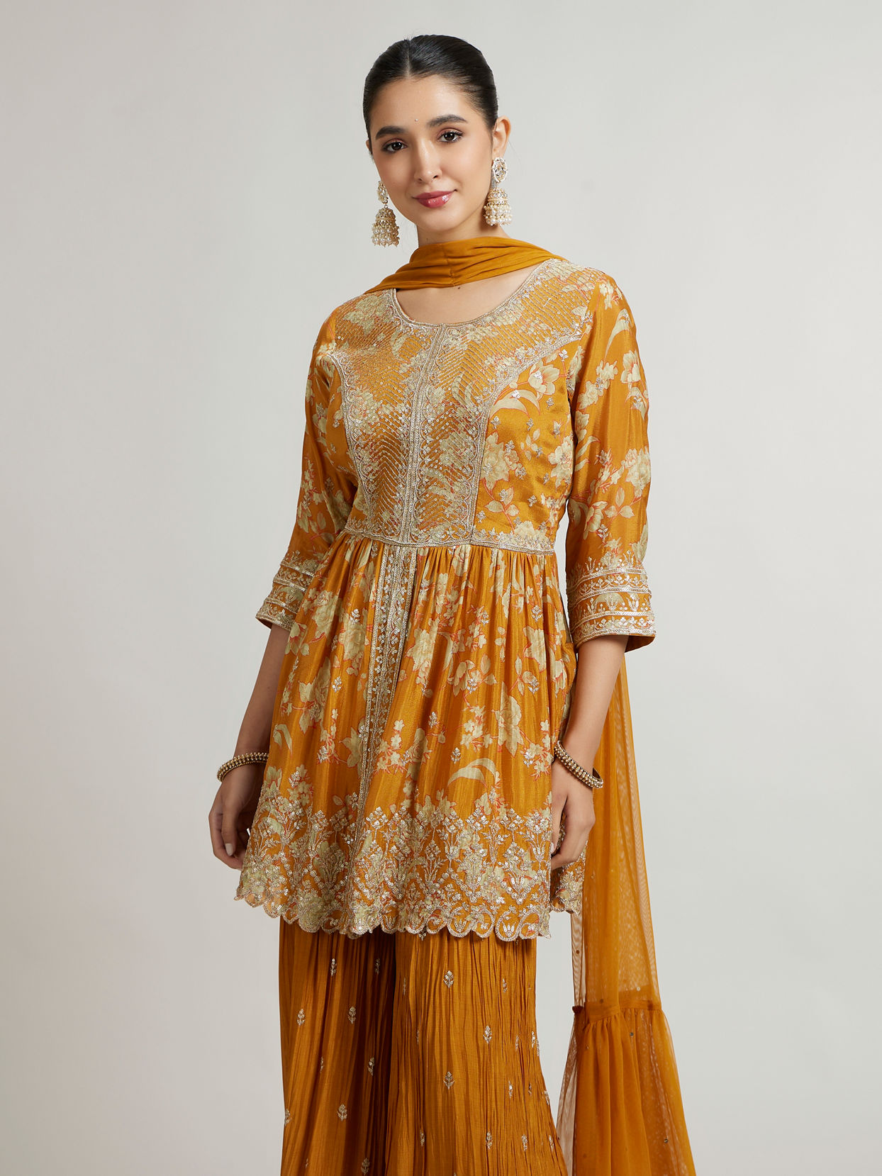 alt message - Mohey Women Mustard Chinon Palazzo Suit Ensemble Stitched Suit image number 1