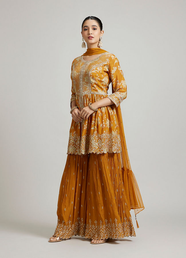 alt message - Mohey Women Mustard Chinon Palazzo Suit Ensemble Stitched Suit image number 2