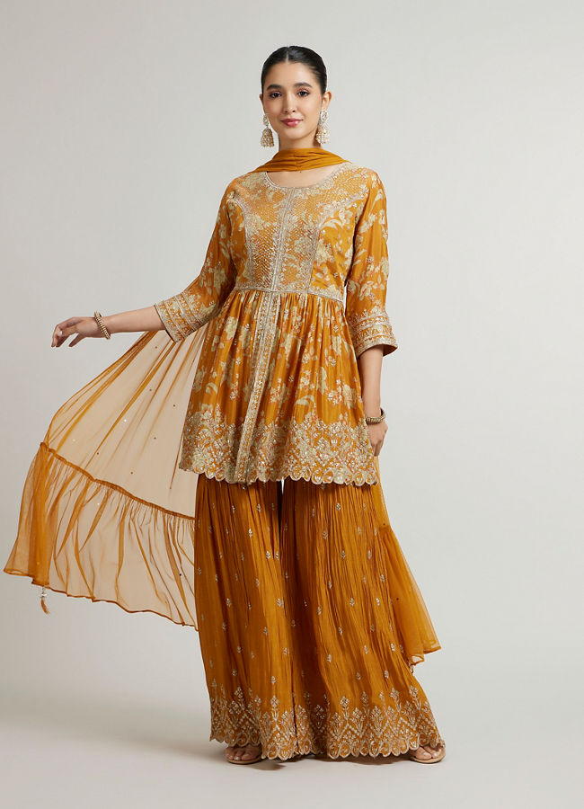 alt message - Mohey Women Mustard Chinon Palazzo Suit Ensemble Stitched Suit image number 0